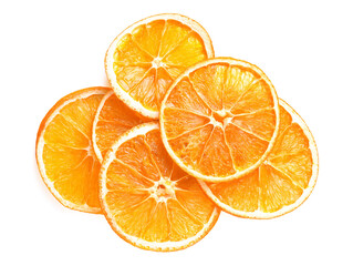 Delicious dry orange slices on white background, top view
