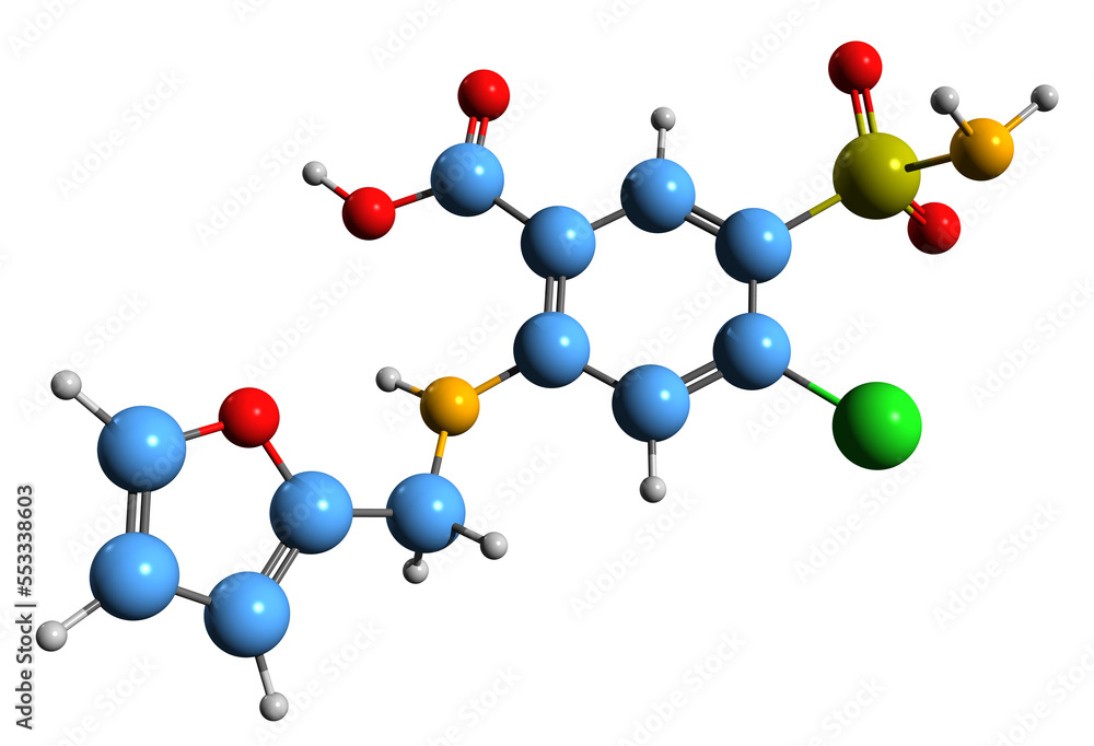 Canvas Prints  3D image of Furosemide skeletal formula - molecular chemical structure of  loop diuretic medication isolated on white background
