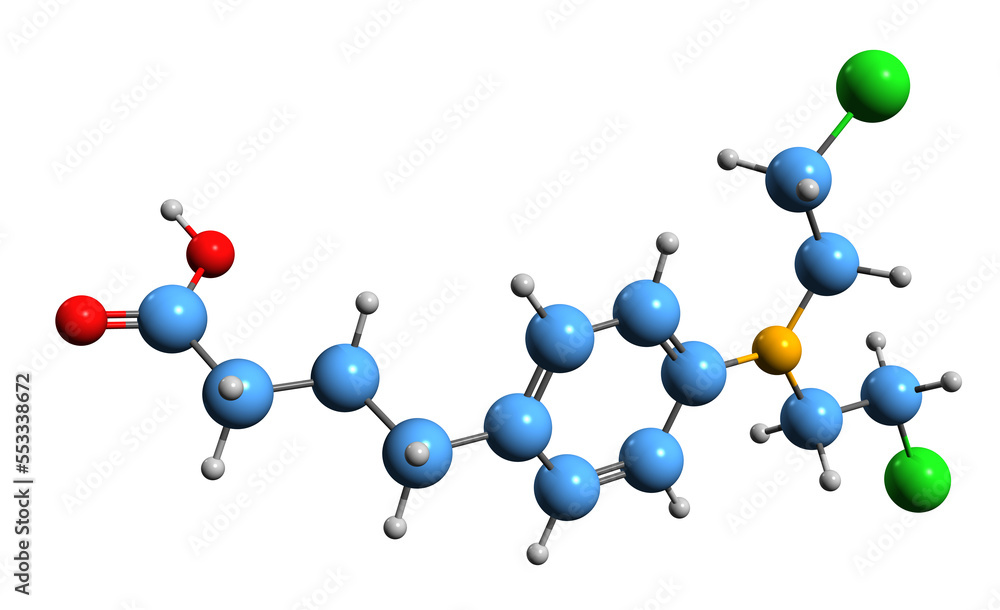 Poster  3D image of Chlorambucil skeletal formula - molecular chemical structure of  chemotherapy medication isolated on white background