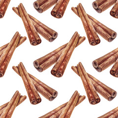 Seamless pattern with watercolor cinnamon on white background. Fragrance condiment for cooking dessert or drink. Christmas food. Creative art for kitchen cookbook and sticker. Wallpaper wrapping