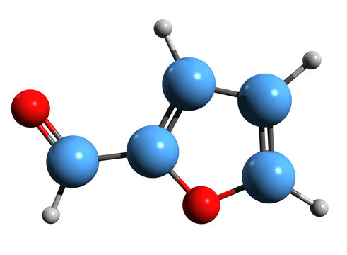 3D image of Furfural skeletal formula - molecular chemical structure of Furan-2-carbaldehyde isolated on white background