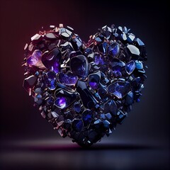 Shiny violet iolite broken heart isolated on black background. Natural precious mineral stone artistic illustration. Decorative purple iolite crystal heart poster.