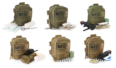 Collage with military first aid kit on white background
