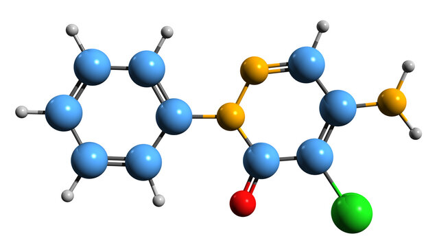  3D image of Chloridazon skeletal formula - molecular chemical structure of environmental contaminant isolated on white background