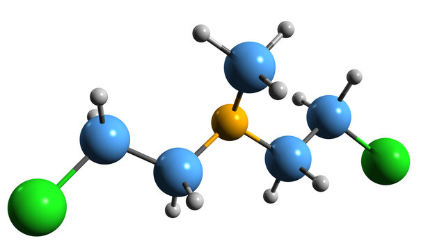  3D image of Mechlorethamine skeletal formula - molecular chemical structure of antineoplastic agent isolated on white background
