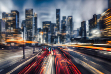 Fototapeta na wymiar motion blur long exposure traffic at night in cityscape created using Generative AI