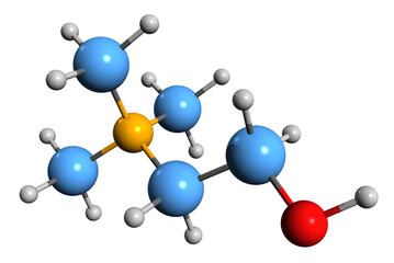Obraz premium 3D image of Choline skeletal formula - molecular chemical structure of essential nutrient Bilineurine isolated on white background