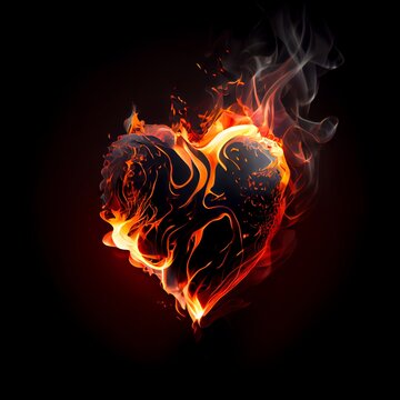 Black heart on fire flame isolated on black background. Love and passion symbolic artistic illustration. Decorative stone heart burning on fire poster.