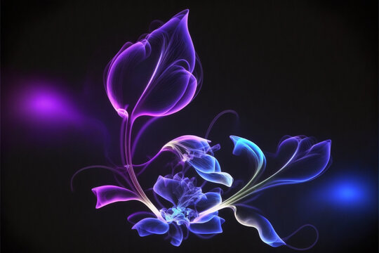 Abstract blue purple neon flowers, smoke design background. Generative AI