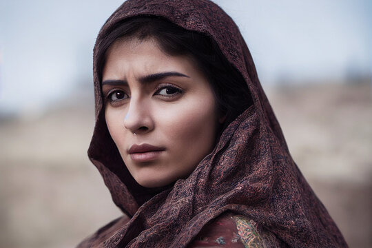 sad muslim iranian woman in traditional muslim hijab, generative AI