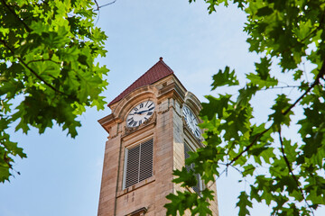 Detail of limestone clock tower surrounded by green leaves - Powered by Adobe
