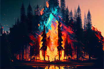 Fototapeta na wymiar Forest fire glitch art generative art