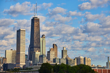 Chicago skyline in morning light with John Hancock skyscraper