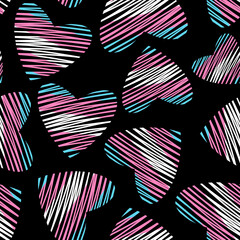LGBT pride month seamless pattern. Seamless pattern with flat scribbled transgender flag hearts. Doodle hand drawn rainbow stripped hearts isolated on black background. Raster illustration