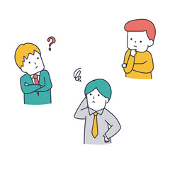 悩んだり考えたりする3人の男たち｜mayucolor09