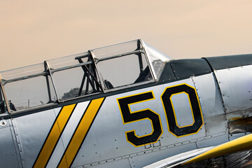 Nifty Fifity

Classic American Warbird.  Vintage livery paint scheme.  Canopy cockpit, stripes paint.  Warm California sunset sky.  Old aircraft, war plane.  Propeller radial engine