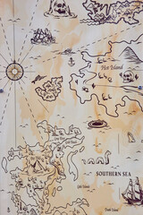Old hand drawn map of ocean with mythical creatures