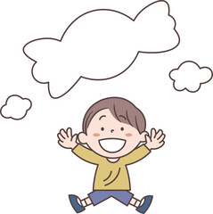 吹き出しになるアメ形の雲を見て喜ぶ男の子のイラスト素材