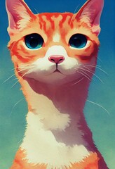 Funny adorable portrait headshot of cute kitten. Abyssinian striped cat, kitty, standing facing front. Looking curious towards camera. Watercolor art illustration. Vertical artistic poster.
