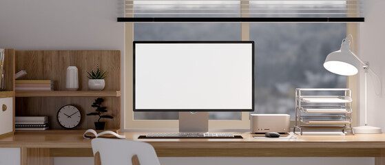 Minimal home workstation with PC computer mockup, table lamp, document tray and decor