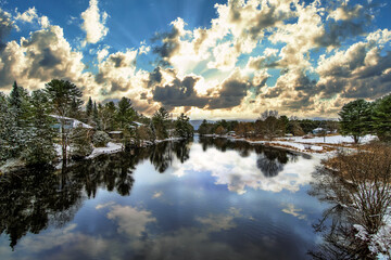 Reflection houses on lake winter day  cold and beautiful 