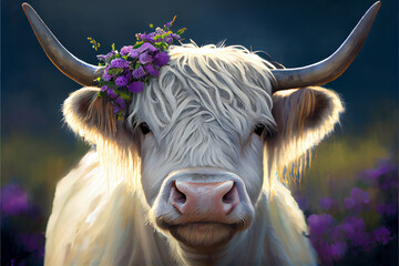 Image of Highland cow with flowers in its hair generative art printed on Printed Glass Basin Splashbacks