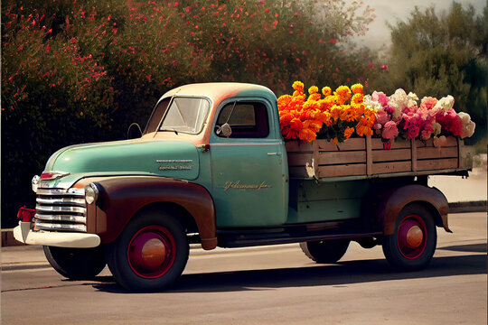 1950's truck carrying flowers in its bed generative art