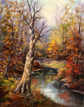 Vintage oil painting of colorful autumn colored woods and creek on canvas. Traditional landscape painting. Impressionism. Art.