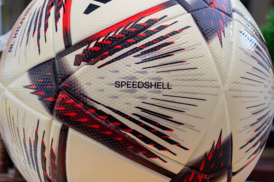 Close up of the adidas Al Hilm ball which is the official match ball used in the FIFA World Cup 2022 Qatar semi-finals and final.