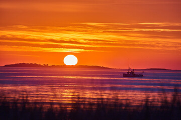 Sunrise with golden light on ocean east coast with grassy coast in foreground and fishing ship in distance