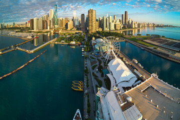 Warped panorama of Chicago Navy Pier and skyline in morning light