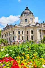 Beautiful summer flowers outside of Bloomington Indiana courthouse