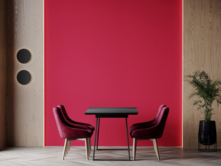 Bright viva magenta 2023 colour dining room. Black round table and colorful carmine red crimson chairs. Empty wall blank for art, frame or decor. Modern interior with accents and lamps. 3d render  - obrazy, fototapety, plakaty