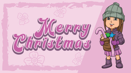 Illustration of a smiling girl carrying a Christmas tree ornament for a Merry Christmas greeting 