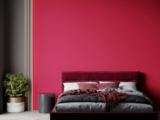 Bedroom in darkt tone gray and viva magenta color trend 2023 year panton furniture. Modern luxury room interior home design. Empty wall painted background.  Large bed and accent pillows. 3d render 