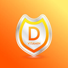 Vitamin D shield orange. Protect the body stay healthy. For nutrition products food. Metal aluminum label 3d isolated realistic on solid background. Medical scientific concepts. Vector illustration.