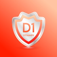 Vitamin D1 shield orange. Protect the body stay healthy. For nutrition products food. Metal aluminum label 3d isolated realistic on solid background. Medical scientific concepts. Vector illustration.