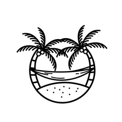 Tropical island with hammock and palm tree logo line art vector illustration