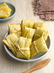 Lepet Jagung is a traditional Indonesian snack, made from corn and grated coconut and wrapped in corn husks and steamed.
