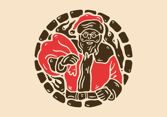 Illustration drawing of santa claus carrying a sack full of gifts