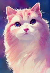 Funny adorable portrait headshot of cute kitten. Ragamuffin cat breed kitty, standing facing front. Looking curious towards camera. Watercolor art illustration. Vertical artistic poster.