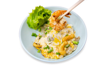 Top view of Stir fried Rice Noodles with shrimp, focus selective