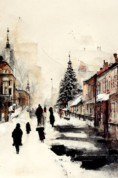 street in winter, christmas tree, ai generative art