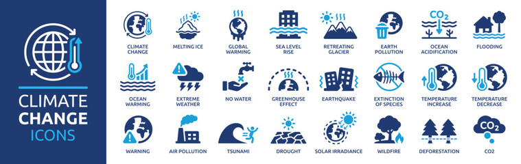 Fototapeta Climate change icon set. Containing global warming, greenhouse, melting ice, earth pollution and disaster icons. Solid icon set. obraz
