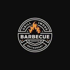 barbecue restaurant emblem badge logo design with grill fire flame vector illustration