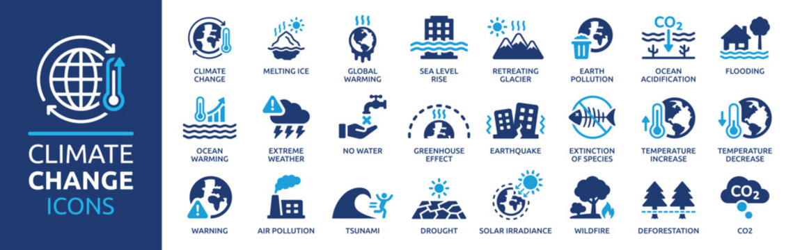 Climate change icon set. Containing global warming, greenhouse, melting ice, earth pollution and disaster icons. Solid icon set.