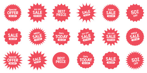 Set of vector red starburst, sunburst badges. Simple flat style vintage labels, stickers with sale discount text. Sale quality tags and labels. Template banner shopping badges.