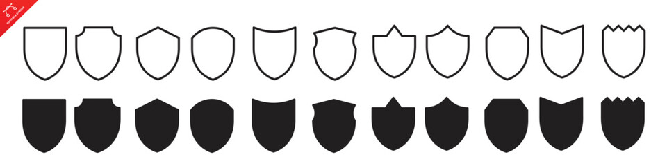 Shield icon set. Vintage style. Protect shield security line icons. Badge quality symbol, sign, logo or emblem. Vector illustration.