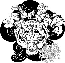 black and white Lucky lion tattoo design.Chinese lion statue with iris flower,Chrysanthemum flower and cherry blossom.Tiger face sticker vector.