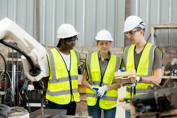 Team engineer man and woman talking and explaining about robot arms technology intelligence and innovation for training at factory, people using remote control with machine, industry concept.